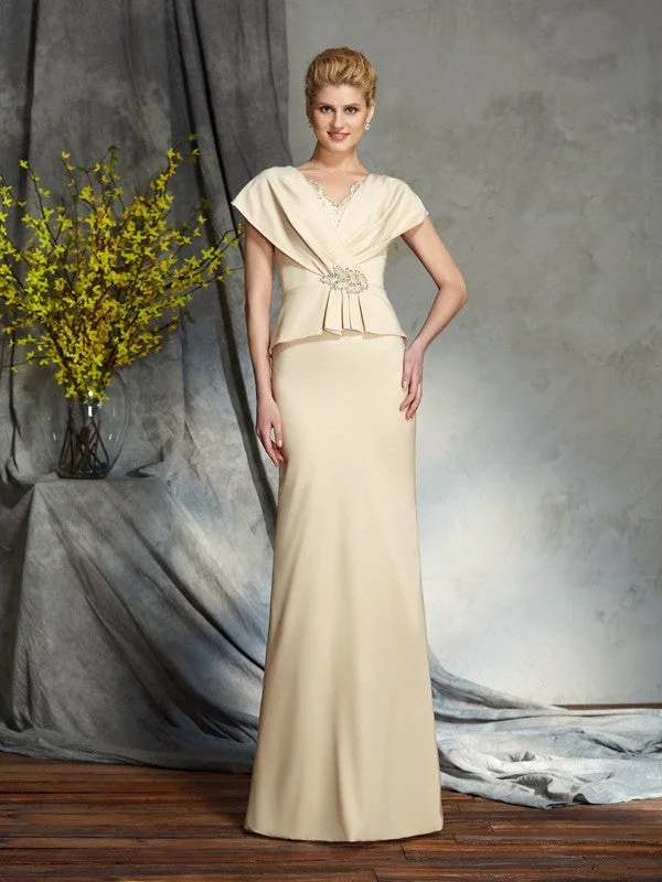 Sheath/Column V-neck Beading Short Sleeves Long Silk like Satin Mother of the Bride Dresses TPP0007271 Sheath/Column V-neck Beading Short Sleeves Long Silk like Satin Mother of the Bride Dresses TPP0007271