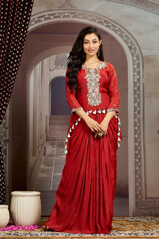 Bright Maroon Embellished Chinon Silk Tunic Dress