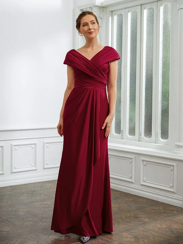 Liana Sheath/Column Jersey Ruched V-neck Short Sleeves Floor-Length Mother of the Bride Dresses STIP0020252 Liana Sheath/Column Jersey Ruched V-neck Short Sleeves Floor-Length Mother of the Bride Dresses STIP0020252
