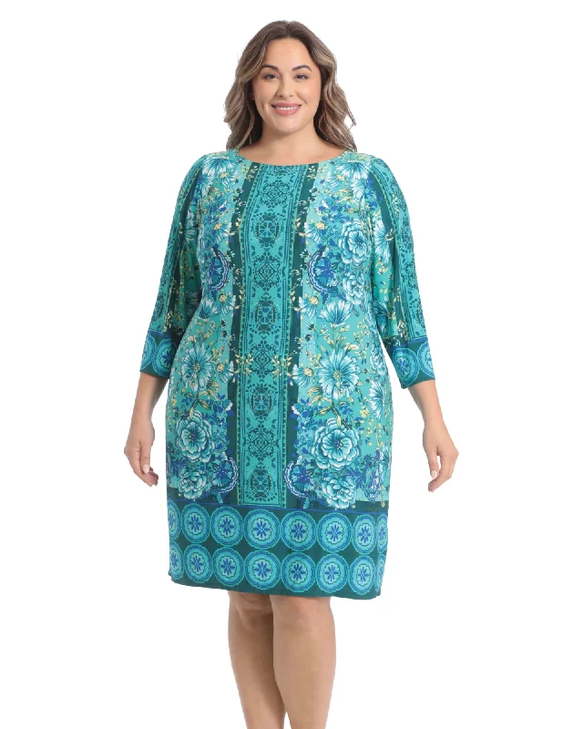 Floral 3/4 sleeve shift dress | Teal/Blue