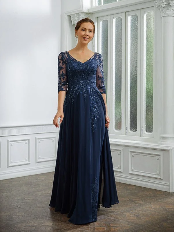 Lillian A-Line/Princess Chiffon Applique V-neck 3/4 Sleeves Floor-Length Mother of the Bride Dresses STIP0020267 Lillian A-Line/Princess Chiffon Applique V-neck 3/4 Sleeves Floor-Length Mother of the Bride Dresses STIP0020267