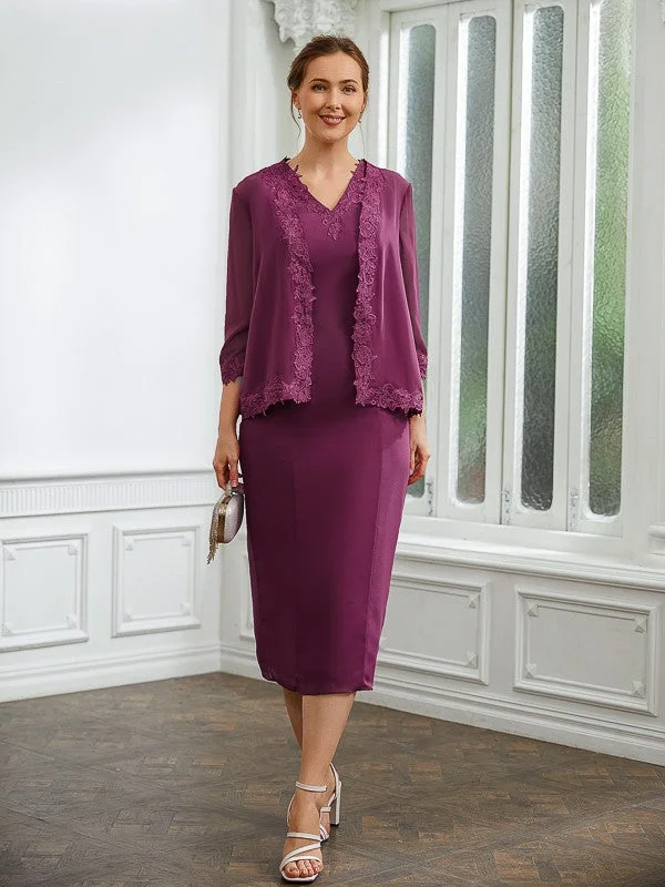Isabelle Sheath/Column Chiffon Applique V-neck Sleeveless Tea-Length Mother of the Bride Dresses STIP0020263 Isabelle Sheath/Column Chiffon Applique V-neck Sleeveless Tea-Length Mother of the Bride Dresses STIP0020263