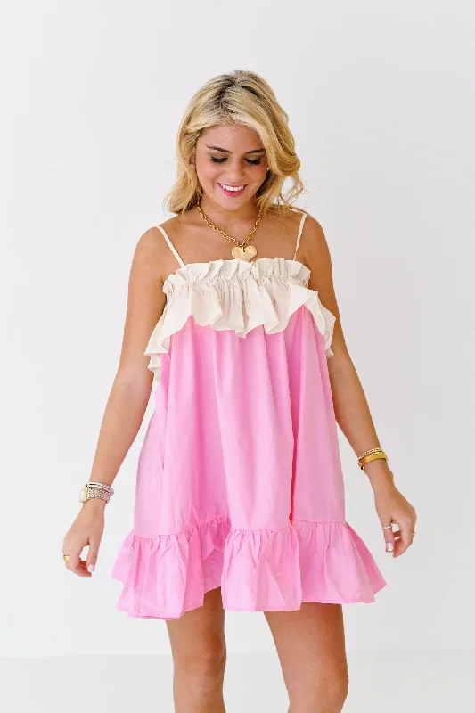 Chloe Babydoll Ruffle Dress-Pink/Cream