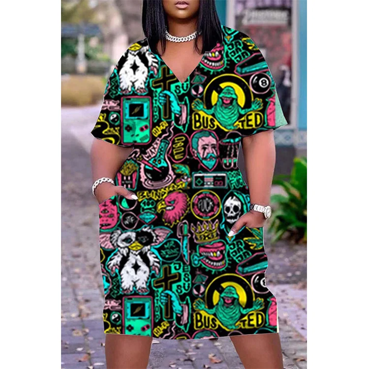 Z102089 Plus size summer dress with Pocket short Sleeves V Neck Straight 3D printing Dresses
