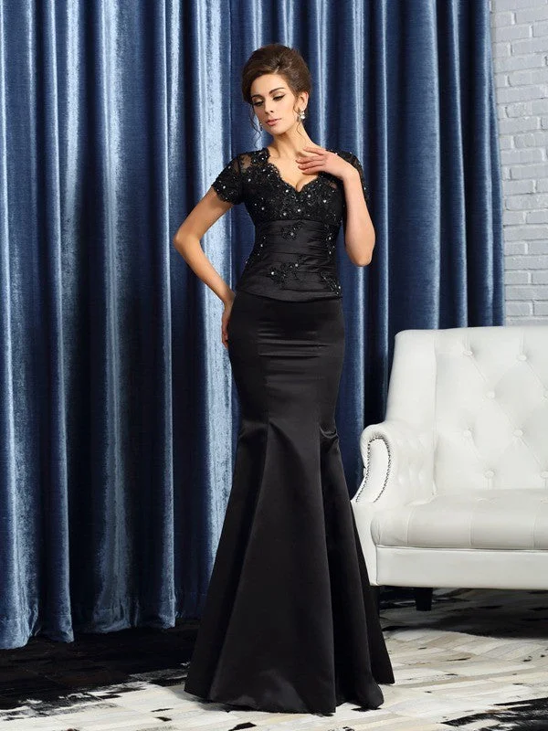 Trumpet/Mermaid V-neck Applique Short Sleeves Long Satin Mother of the Bride Dresses TPP0007286 Trumpet/Mermaid V-neck Applique Short Sleeves Long Satin Mother of the Bride Dresses TPP0007286