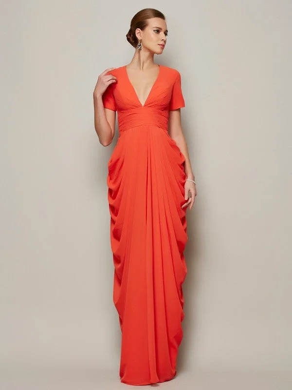 Sheath/Column V-neck Short Sleeves Pleats Long Chiffon Mother of the Bride Dresses TPP0007180 Sheath/Column V-neck Short Sleeves Pleats Long Chiffon Mother of the Bride Dresses TPP0007180