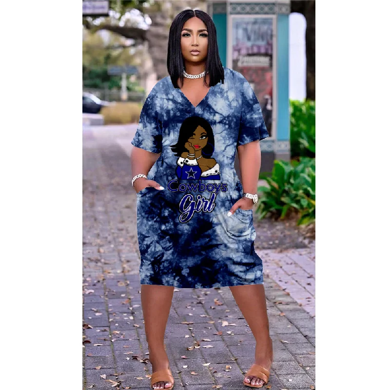 Z100217 Plus size summer dress with Pocket short Sleeves Print V Neck Straight loose Dresses