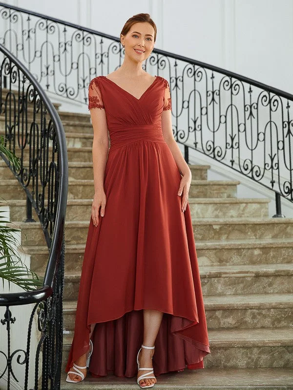 Clarissa A-Line/Princess Chiffon Ruched V-neck Short Sleeves Asymmetrical Mother of the Bride Dresses STIP0020273 Clarissa A-Line/Princess Chiffon Ruched V-neck Short Sleeves Asymmetrical Mother of the Bride Dresses STIP0020273