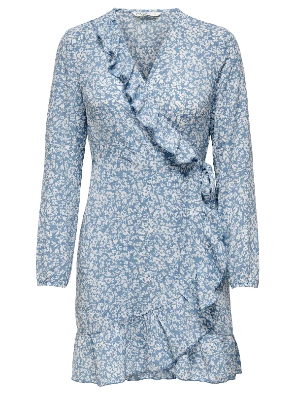 Women's Floral Printed Wrap Mini Dress,Light Blue Cozy Long Sleeve Mini Dress