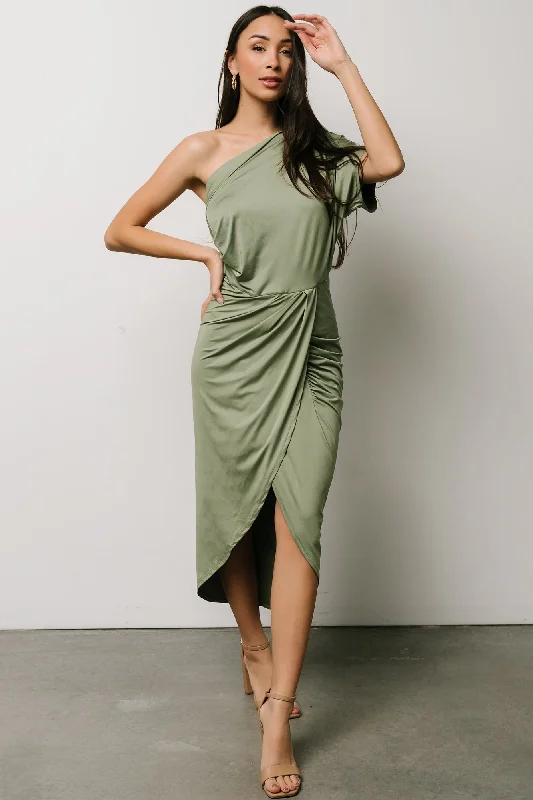 Addison Midi Dress | Dusty Sage Fashionable One-Shoulder Midi Dress