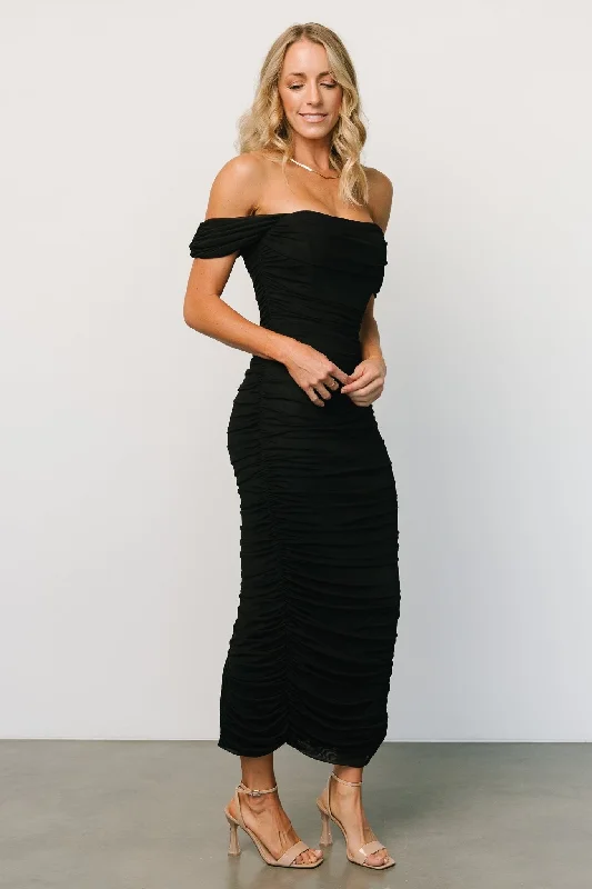 Alessandra Mesh Midi Dress | Black Comfortable Ribbed Midi Dress