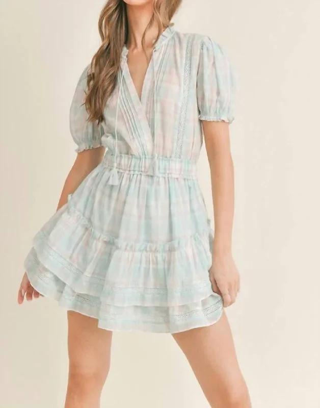 Arrie Plaid Ruffle Mini Dress In Aqua Cozy Wraparound Mini Dress