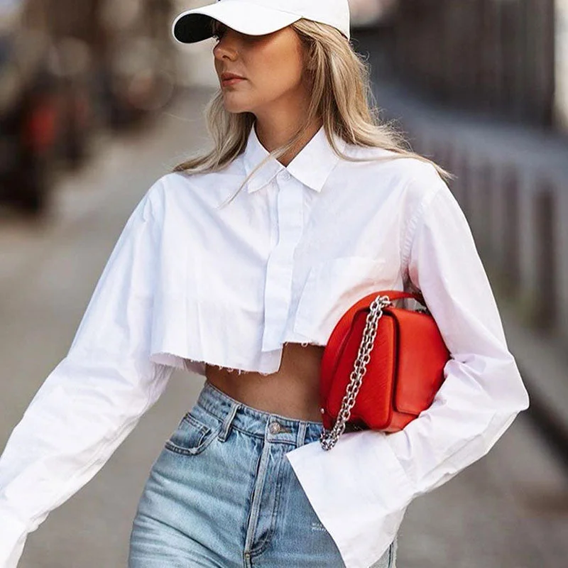 Asymmetrical Raw Hem Pocket Detail Long Sleeve Collared Button Up Crop Shirt Classic V-Neck Short Shirt