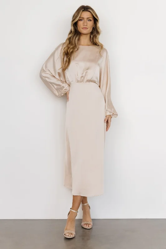 Balta Satin Midi Dress | Champagne Trendy Mock Neck Midi Dress