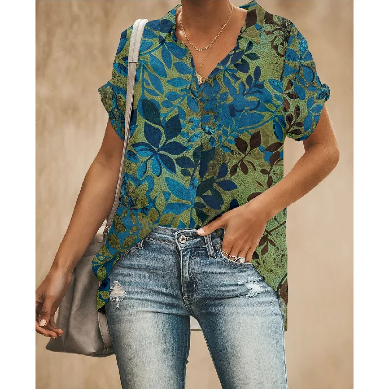 Blue Leaf Women Button Up Shirt Chic V-Neck Short Blouse