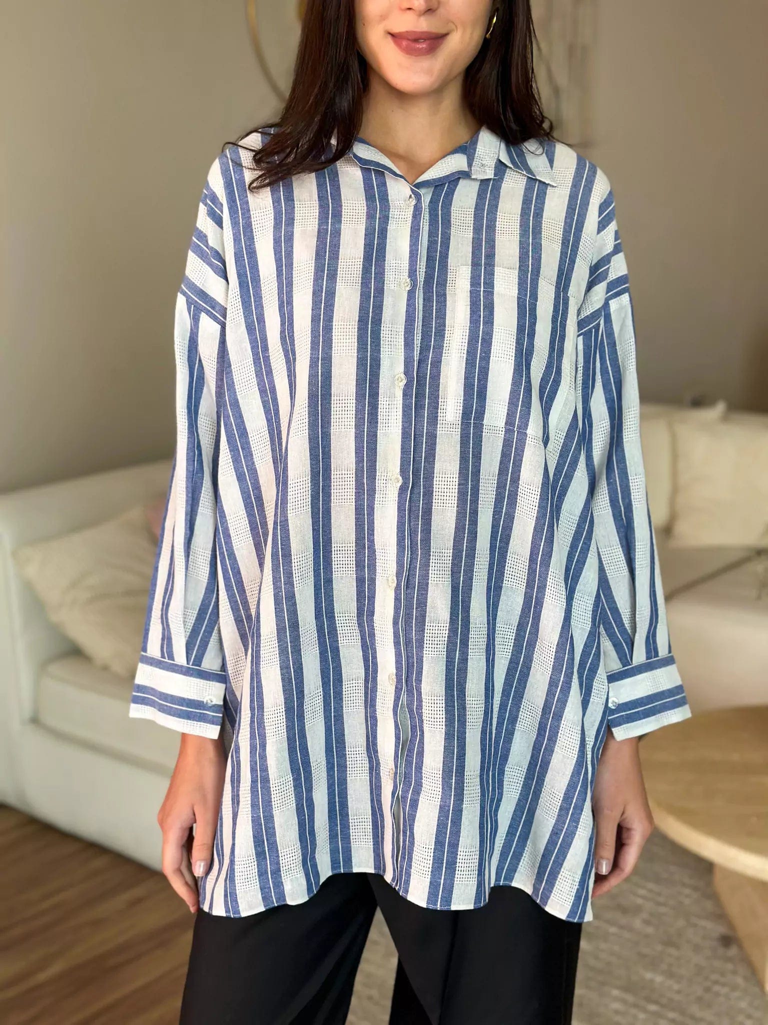 Blue Stripes Button Down Long Shirt Cozy Striped Short Sleeve