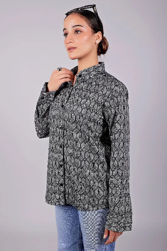 Bluebird Women's Black Geometric Printed Satin Shirt Stylish Short Sleeve Top
