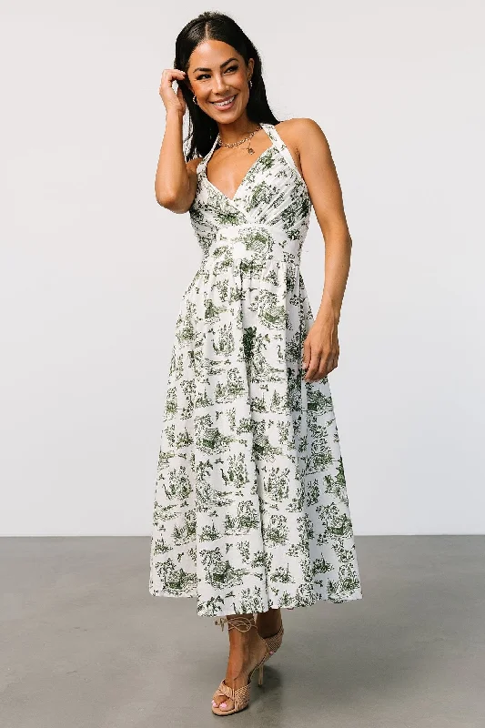 Bristol Halter Midi Dress | Green Print Trendy Smocked Waist Midi Dress