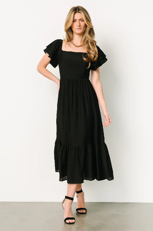 Buttercup Midi Dress | Black Trendy Flared Sleeve Midi Dress