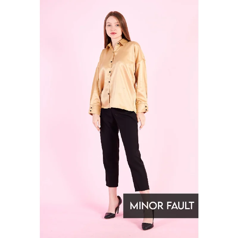 (Minor Fault) Gold Button Down Satin Shirt Soft Silk Short Sleeve