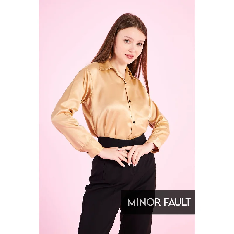 (Minor Fault) Gold Cuban Collar Satin Shirt Stylish Split-Hem Short Shirt