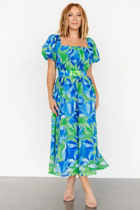 Catalina Midi Dress | Blue + Green Fashionable Floral Embroidery Midi Dress