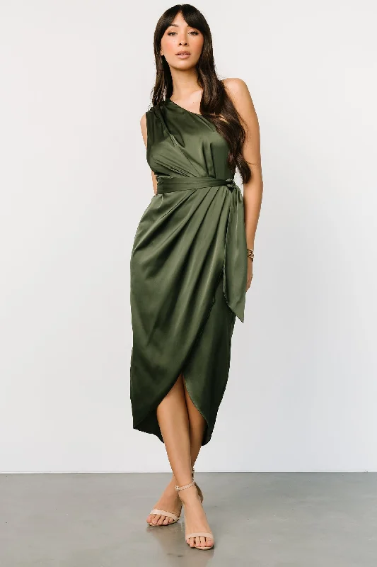 Celia One Shoulder Midi Dress | Olive Trendy Long Sleeve Midi Dress