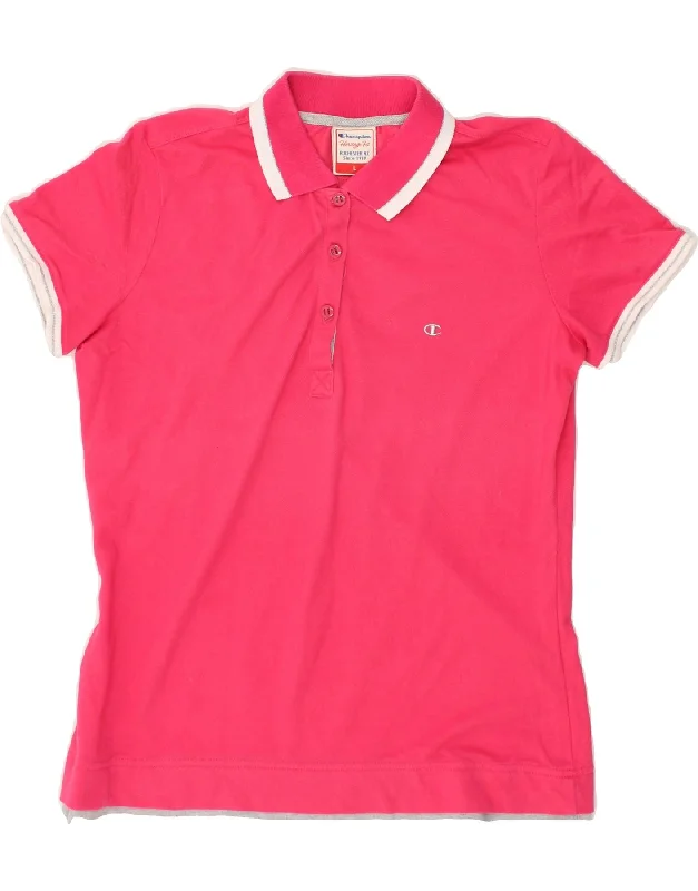 CHAMPION Womens Polo Shirt UK 14 Large Pink Classic Cropped Short Sleeve