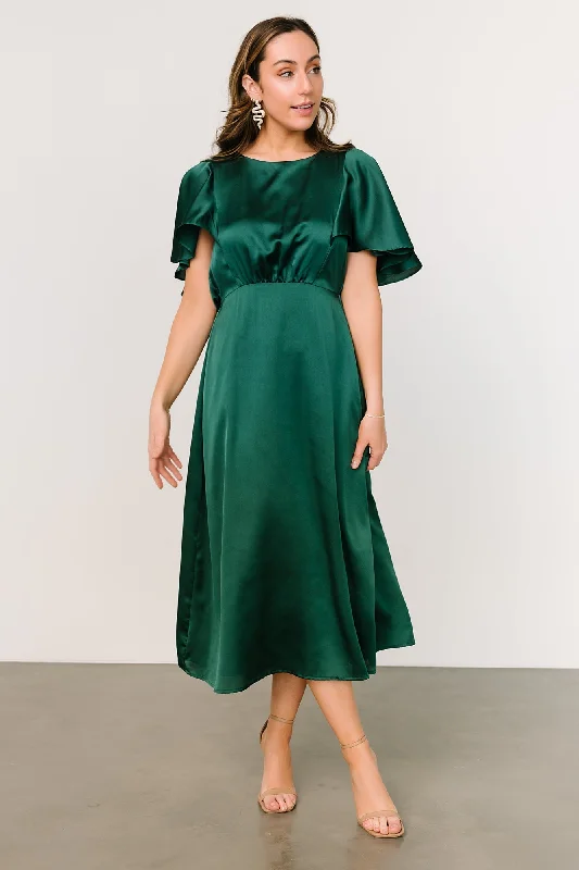 Cinta Satin Midi Dress | Emerald Elegant Satin Midi Dress