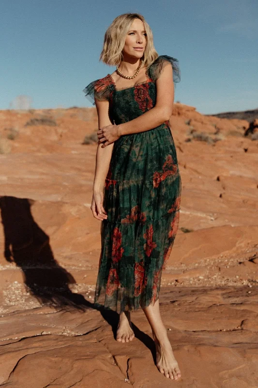 Clementine Tulle Midi Dress | Dark Green Floral Stylish Long Sleeve Floral Midi Dress