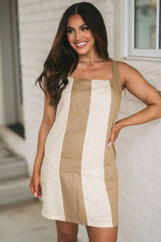 Color Block Mini Dress- Brown/Cream Comfortable Bodycon Mini Dress