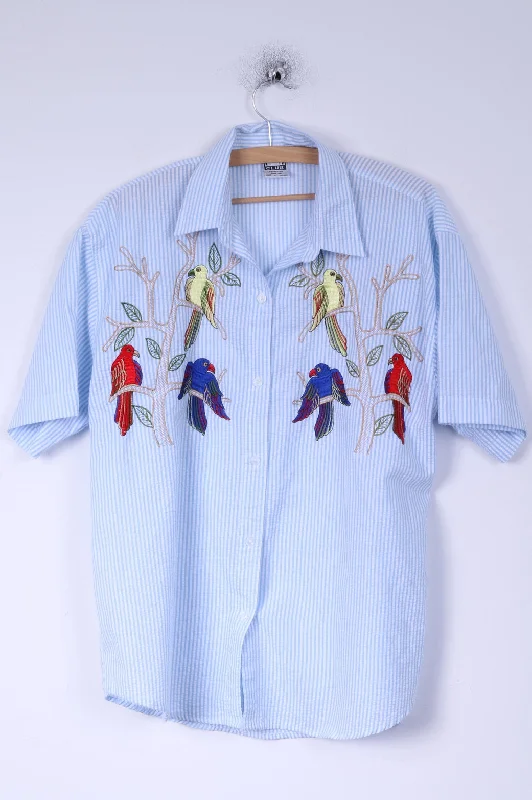 O//So Club Womens L Casual Shirt Cotton Blue Striped Embroidered Birds Comfortable Ribbed Short Sleeve