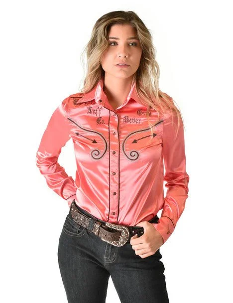 Cowgirl Tuff Womens Brown Satin Western Coral Nylon L/S Shirt Casual Short Sleeve Top