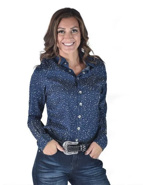 Cowgirl Tuff Womens Dot Crystal Dark Wash Lyocell L/S Shirt Chic Silk Short Sleeve Shirt