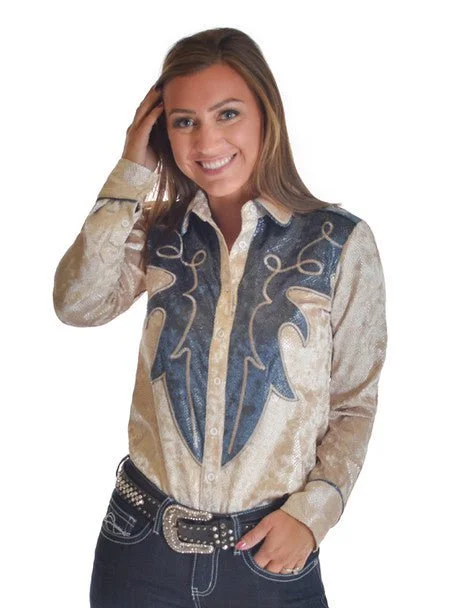 Cowgirl Tuff Womens Heavier Snake Blue/Cream Polyester L/S Shirt Stylish Pleated Short Sleeve