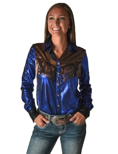 Cowgirl Tuff Womens Metallic Fringe Blue/Copper Polyester L/S Shirt Stylish Pleated Short Sleeve