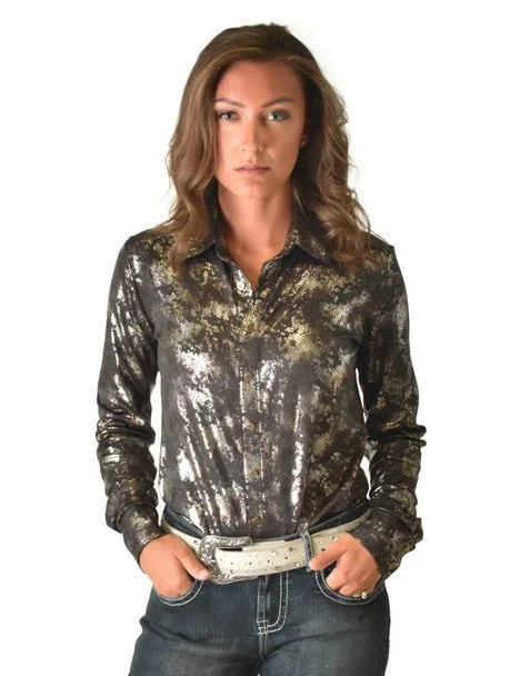 Cowgirl Tuff Womens Metallic Snakeskin Black Polyester L/S Shirt Stylish Printed Short Shirt