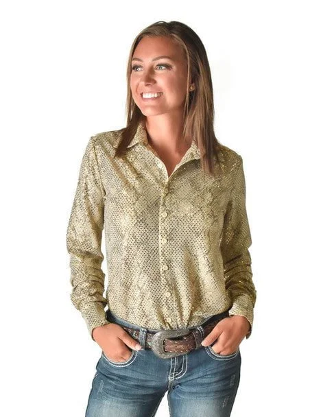 Cowgirl Tuff Womens Metallic Snakeskin Cream Polyester L/S Shirt Classic Short Sleeve Blouse