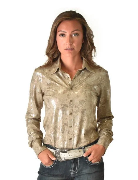 Cowgirl Tuff Womens Metallic Snakeskin Tan Polyester L/S Shirt Casual Boxy Short Shirt