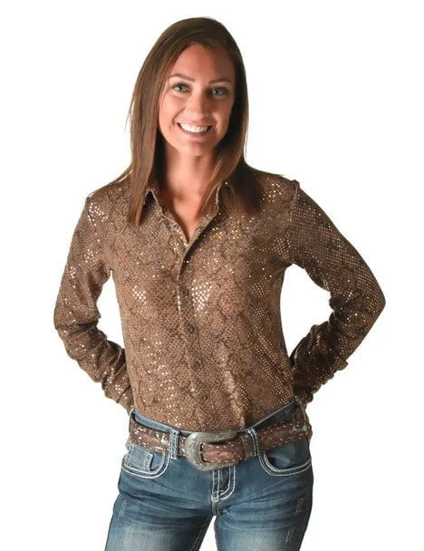 Cowgirl Tuff Womens Metallic Snakeskin Tan Polyester L/S Shirt Comfortable Flowing Short Sleeve