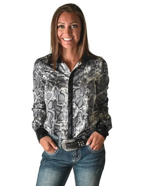 Cowgirl Tuff Womens Satin Snakeskin Black Polyester L/S Shirt Fashionable Pleated Short Shirt