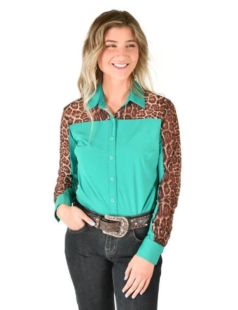 Cowgirl Tuff Womens Sheer Leopard Turquoise Poly/Spandex L/S Shirt Fashionable Tied Short Sleeve