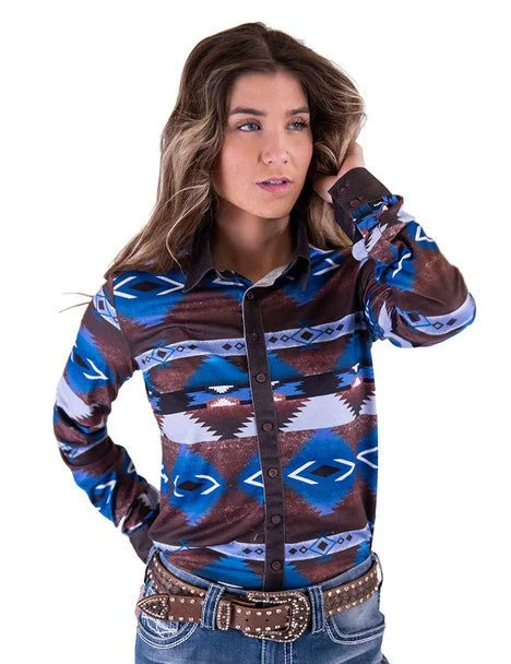 Cowgirl Tuff Womens Western Button Up Brown/Blue Poly/Spandex L/S Shirt Cozy Striped Short Sleeve