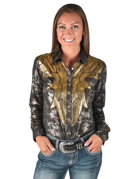 Cowgirl Tuff Womens Western Metallic Black/Gold Polyester L/S Shirt Trendy Ruffled Short Sleeve