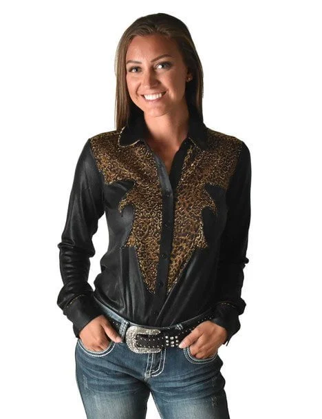 Cowgirl Tuff Womens Western Metallic Black/Leopard Polyester L/S Shirt Trendy Print Short Sleeve