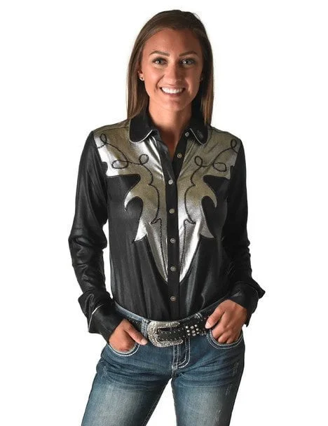 Cowgirl Tuff Womens Western Metallic Black/Silver Polyester L/S Shirt Classic Short Sleeve Tunic