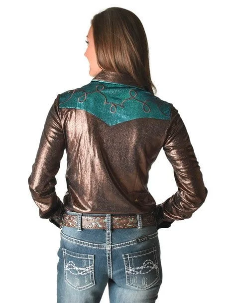 Cowgirl Tuff Womens Western Metallic Copper/Turquoise Polyester L/S Shirt Casual Button-Down Short Shirt