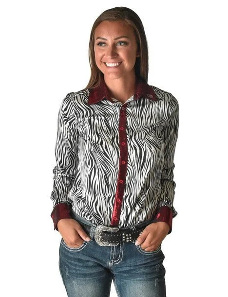 Cowgirl Tuff Womens Zebra Metallic Black/White Polyester L/S Shirt Fashionable Button-Front Short Sleeve