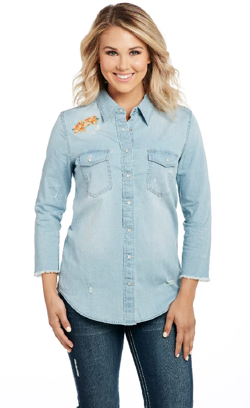 Cowgirl Up Womens Blue Cotton Blend Stonewash Raw Western Shirt S/S Fashionable Rounded Short Shirt