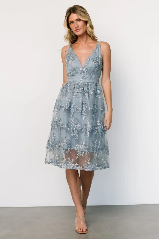 Dante Applique Midi Dress | Slate Blue Elegant Floral Skirt Midi Dress